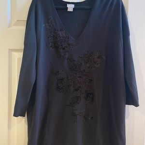 Chico's Black Sweater with Floral Detail Size 2 US L